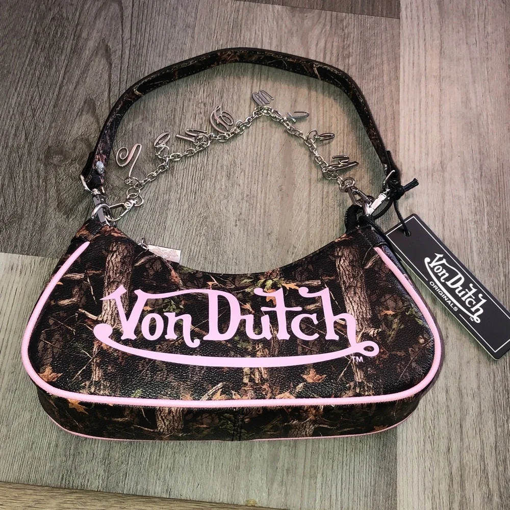 Von Dutch Tree Camo Shoulder Bag Pink Logo & Von Dutch Logo Chain Accent NWT - Picture 8 of 16